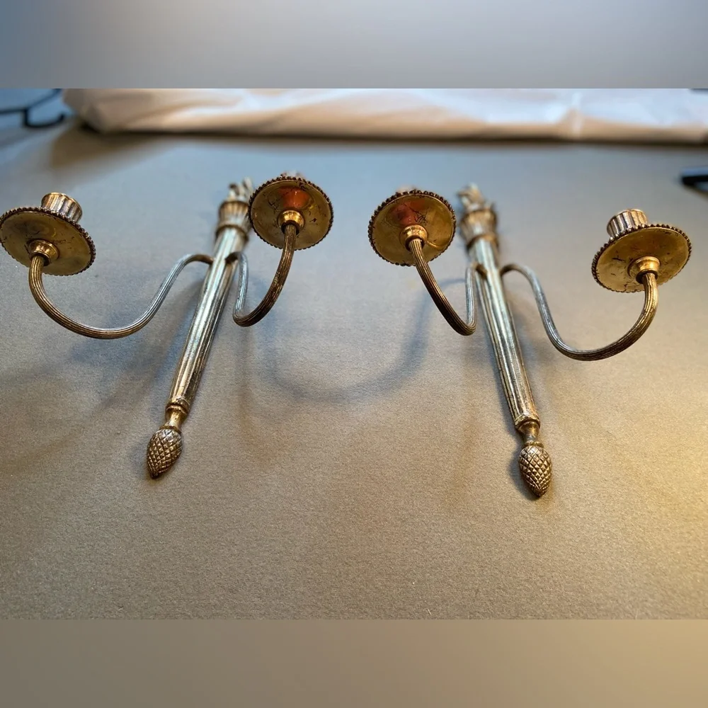 Pair‎ Candle Wall Sconces, 2 arms,Silver tone, flame on top, pine cone on bottom
